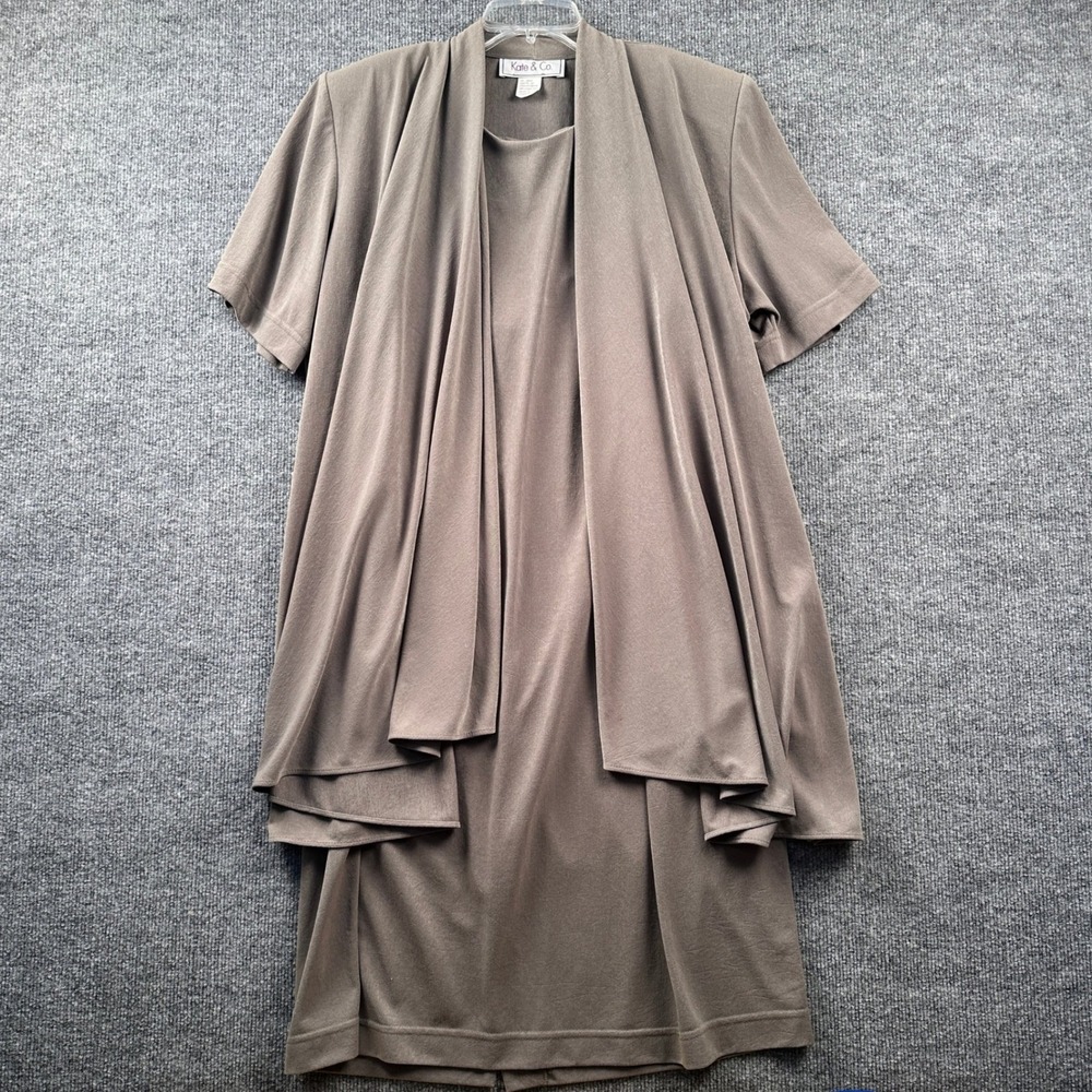 Kate & Co Womens 2 Piece Dress Set Olive Green Sheath Dress SS Cardigan Medium